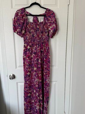 Welove Fashion Floral Smocked Wide Leg Jumpsuit Boho Puff Sleeve Size S